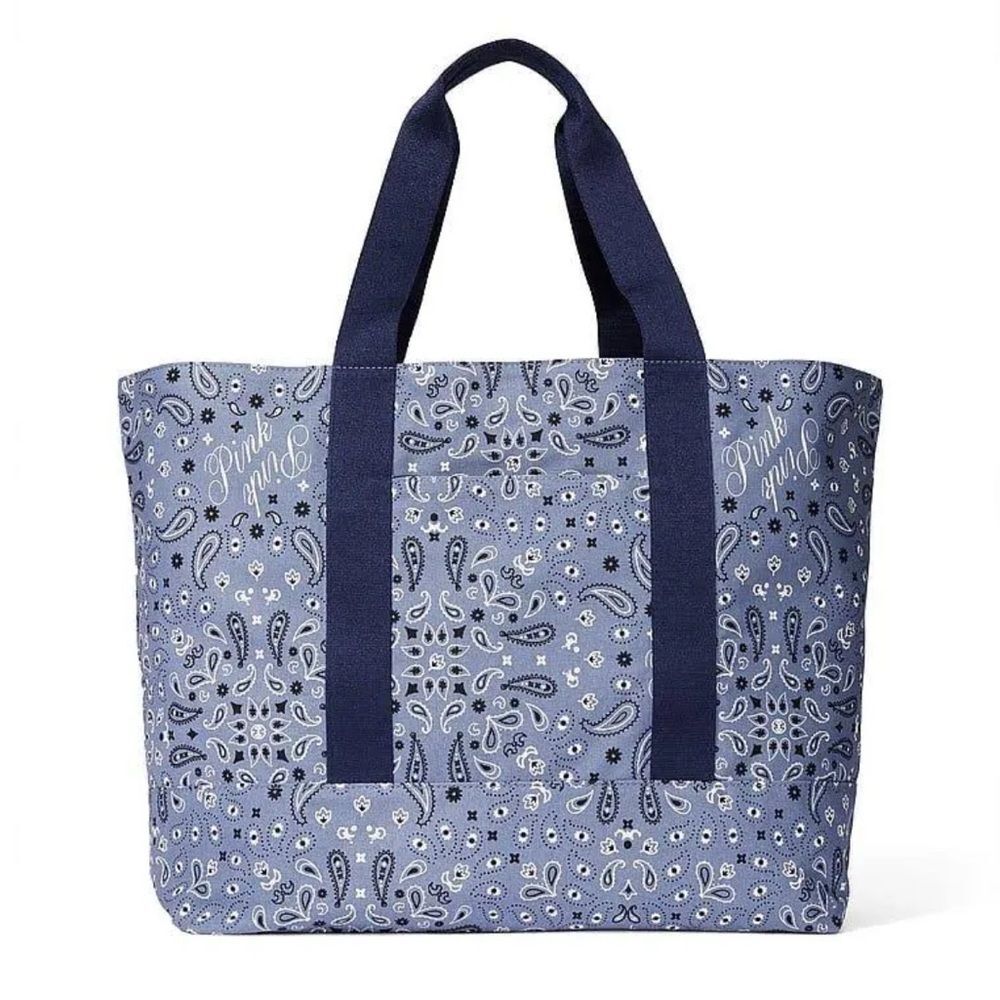 PINK Victorias Secret Reversible Canvas Blue Paisley Tote Bag NWOT